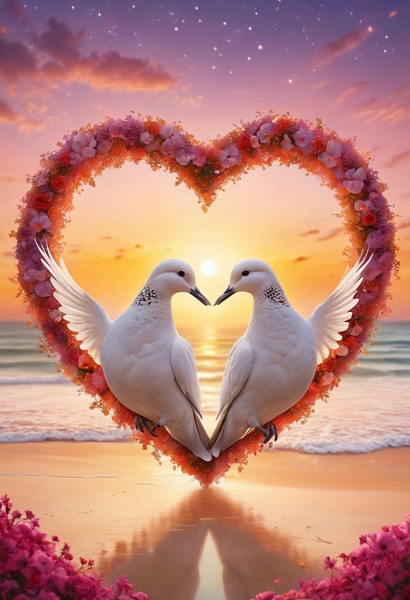 A beautifully intertwined heart symbol made of vibrant flowers on one side, and a glowing infinity sign made of stars on the other, representing passion and devotion. The background is a soft gradient of warm colors symbolizing love, with subtle silhouettes of a couple in a loving embrace. Include elements like doves and a shining sun to enhance the theme of romance and connection. super-realistic. vibrant colors. soft gradient background.