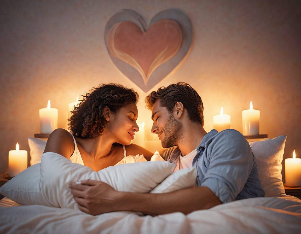 A cozy scene of a couple sharing a tender moment, surrounded by candles and soft pillows, with a warm glow illuminating their faces. Include a heart-shaped artwork in the background, symbolizing their connection. The atmosphere should evoke feelings of love and intimacy, with soft pastel colors and gentle textures. super-realistic. warm tones. soft focus.