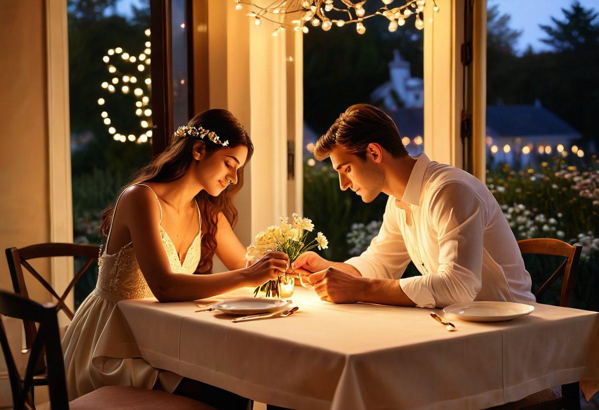 A picturesque scene of a couple sitting across from each other at a beautifully set candlelit dinner table, surrounded by soft fairy lights and blooming flowers, with a warm sunset in the background symbolizing romance and devotion. Include elements like hands gently touching across the table and a beautifully crafted love letter resting nearby. painting. warm colors. soft focus.